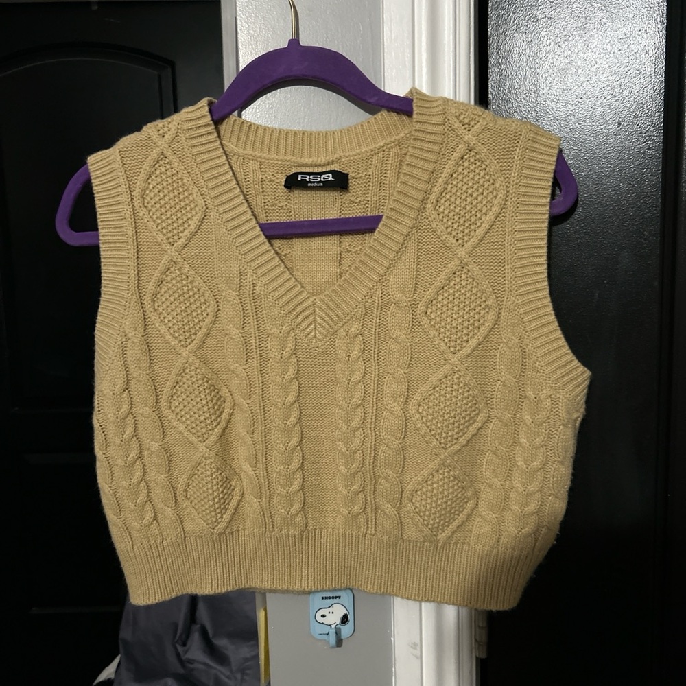 RSQ Tan V-Neck Sweater with Cable Knit